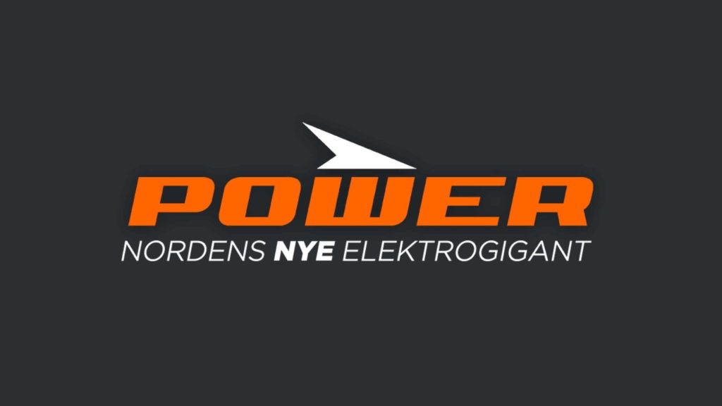 Logoen til elkjeden Power. Logoen sier "Power. Nordens Nye elektrogigant".